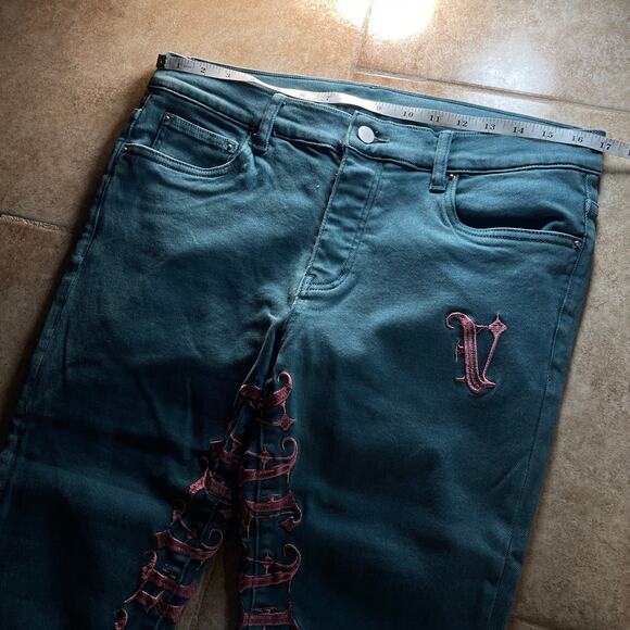 Valabasas Crotch Print Y2K Embroidered Teal Stacked Jeans - Picture 5 of 9